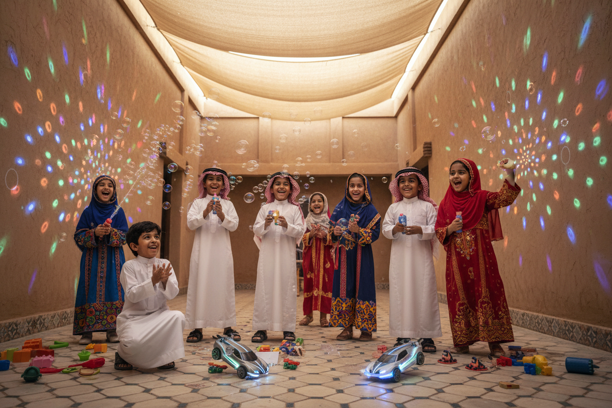 make a picture of saudi kids playing with toys like bubble guns and LED Projectors and stunt cars 