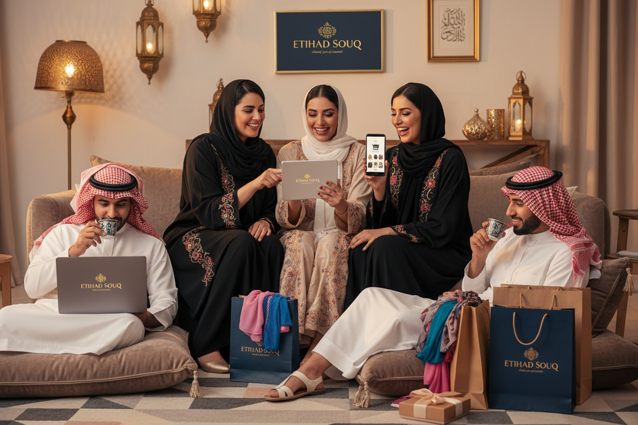 make a picture of saudi peoples doing shopping from my online store and my store name Etihad Souq